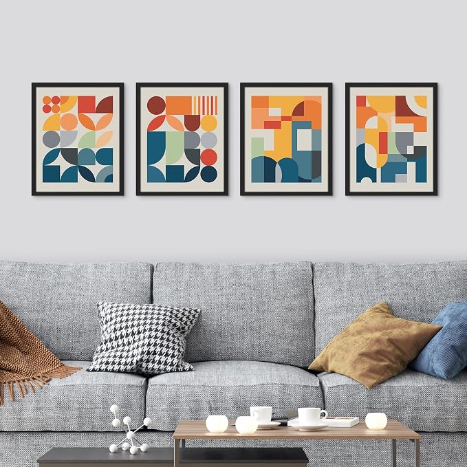 SIGNWIN Framed Mid-Century Modern Colorful Geometric Polygons Wall Art, Set of 4 Abstract Geometric Wall Decor Prints, Nature Wilderness Wall Décor for Living Room, Bedroom - 12"x16" Black