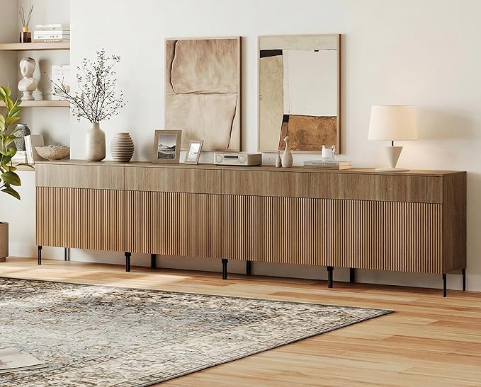 WAMPAT 126" W Large Sideboard Buffet Cabinet with Storage,4 in 1 Fluted Sideboard Buffet with 8 Doors, Wooden Buffet Table, Coffee Bar Wine Bar Cabinet for Dining Room, Living Room, Light Walnut