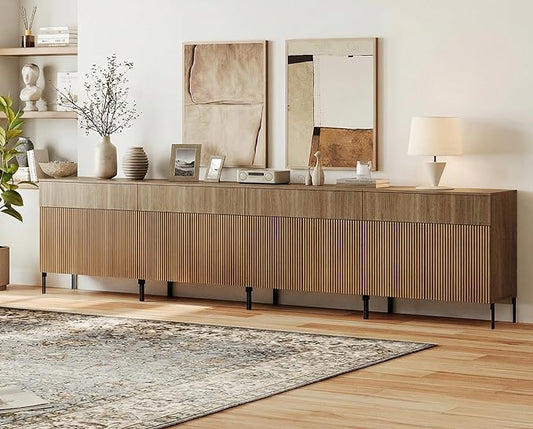 WAMPAT 126" W Large Sideboard Buffet Cabinet with Storage,4 in 1 Fluted Sideboard Buffet with 8 Doors, Wooden Buffet Table, Coffee Bar Wine Bar Cabinet for Dining Room, Living Room, Light Walnut