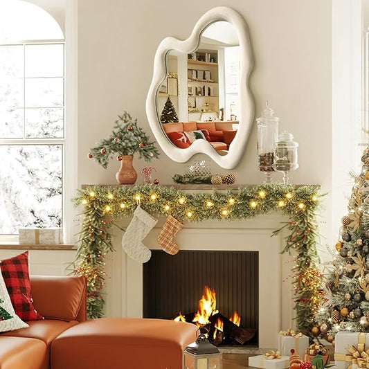 Irregular Wall Mirror Asymmetrical Mirror, White Wavy Mirror with Flannel Frame, Decorative Wall Mirror for Bedroom, Livingroom, Entryway, 24"x 32"