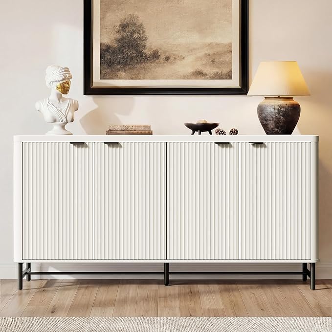 Large Sideboard Buffet Cabinet with Storage, 65" Modern Fluted Credenza Accent Coffee Bar Console Table with Doors & Adjustable Shelves for Dining Room, Living Room, Hallway(White)