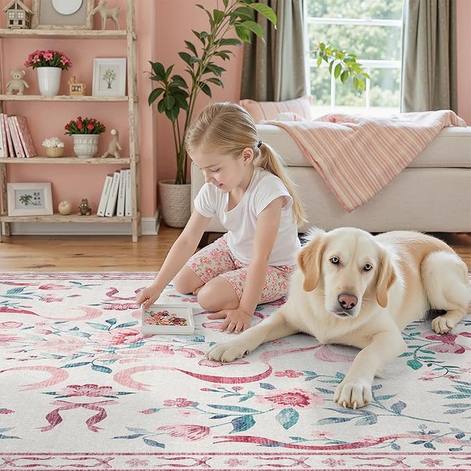 DCX Washable 4x6 Bow Rug, Pink Floral Rug for Girls’ Bedroom, Cute Soft Low Pile Indoor Décor Carpet, Kid & Pet Friendly Nursery Rug for Living Room, Dorm, Playroom