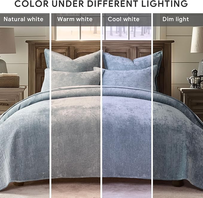EverGrace Velvet Quilt Set King Size, Luxurious Soft Quilted Bedding Sets, Lightweight Velvet Comforter for All Season, Striped Channel Bedspread Coverlet with 2 Shams, 104" x 92", Blue Linen