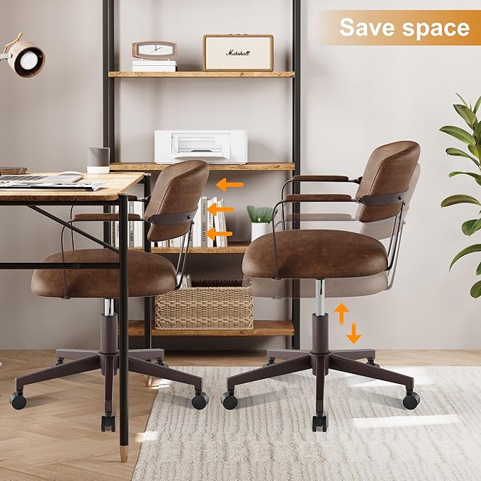 Home Office Desk Chair, Mid-Century Modern Desk Chair with Padded Arms, Adjustable Seat Height, Mid Back 360° Small Computer Chair with Mobile Mute Wheel, PU Leather (Brown,2BOX)