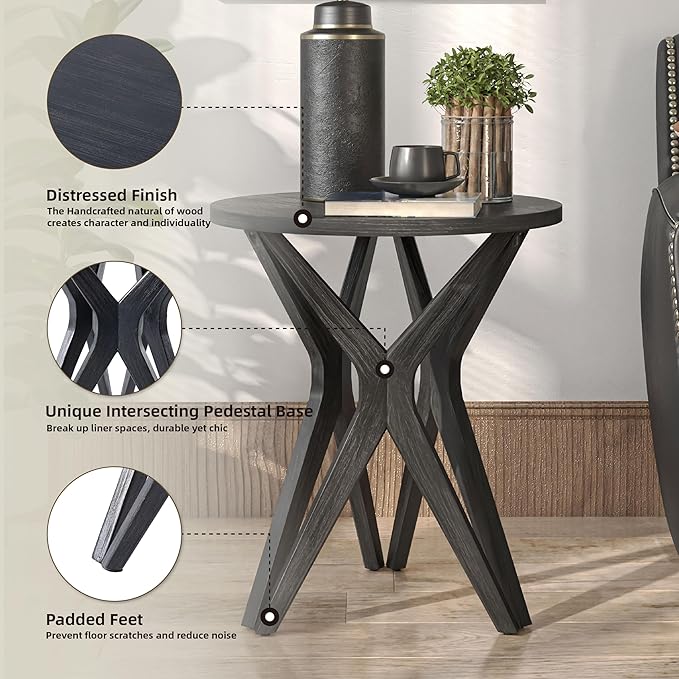 LONYKE Pedestal Farmhouse End Table Set of 2, Distressed Top with Tripod Base Bedside Table for Living Room, Modern, Boho Decor, Round (2-Pack, Distressed Black)