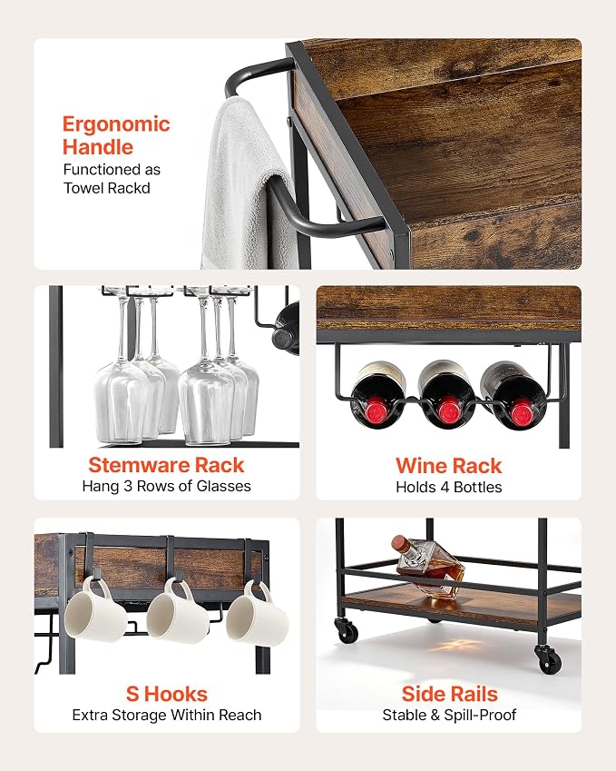 VEVOR Bar Cart, 3 Tiers Home Kitchen Serving Carts, Industrial Rolling Utility Station on Wheel, Mobile Drink Beverage Shelf with Wine Rack & Glass Holder, 26.77x14.17x32.68 in, Rustic Brown and Black
