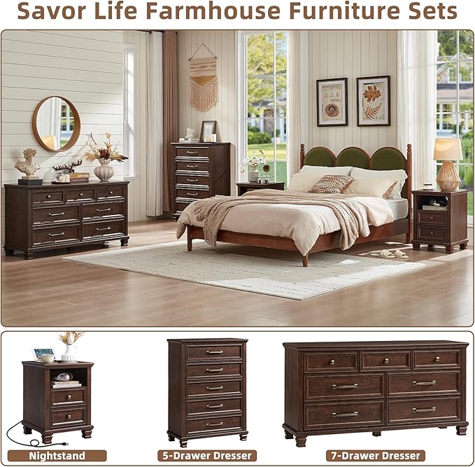 Farmhouse Nightstand with Charging Station, Rustic Brown Nightstand, 2 Drawers End Table, Bedside Table with Open Shelf for Bedroom, Walnut