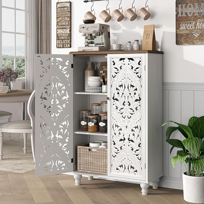 47" Tall Accent Cabinet with Carved Doors, Distressed White Wood Storage Cabinet with 3-Tier Shelves, Boho Farmhouse Sideboard Buffet for Small Spaces, Entryway & Living Room