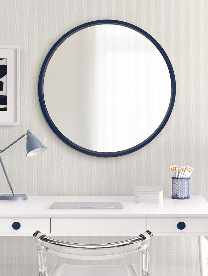 Kate and Laurel Travis Round Wood Wall Mirror, 25.6" Diameter, Navy Blue, Modern Wall Décor Accent