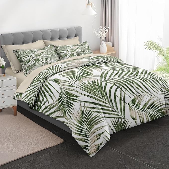 7Pcs Comforter Set Full Size, Tropical Palm Tree Fronds Green Leaves, Bedding Decor Botanical Plant Palm Leaf Bedroom Bed Set Flat Sheet Fitted Sheet Pillowcases Shams for Kids Adults