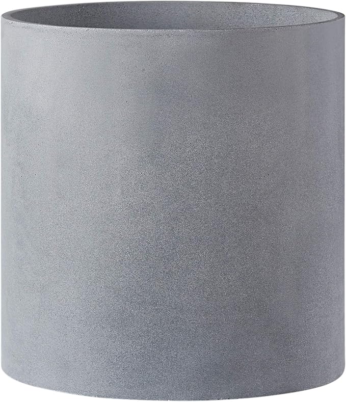 FaithLand 10 Inch Fiberstone Planter - Lightweight Modern Cylinder Plant Pot with Drainage Hole & Plug, Authentic Concrete Look, Gray