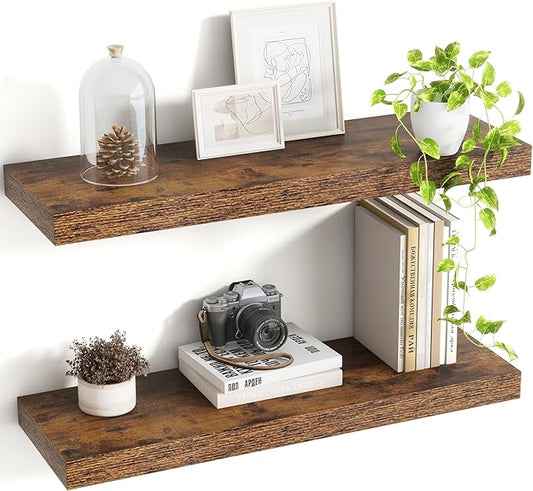 24 Inch Floating Shelves, 8 Inch Deep Floating Shelves for Wall, Hanging Shelf with Invisible Brackets, Deep Shelves for Bathroom, Bedroom, Living Room, Brown, Set of 2