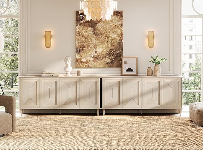 WAMPAT 130-inch Handcrafted Patchwork Decorative Buffet Cabinet with Pop-Up Design Doors,2-in-1 Large Modern Farmhouse Accent Credenza for Coffee Bar, Kitchen, and Living Room, Light Oak