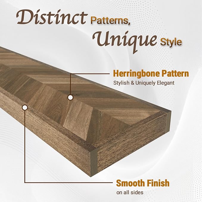 Howizz 24'' Chevron Floating Shelves for Wall, Acacia Wood Wall Mounted Shelves with Invisible Brackets, Rustic Wooden Shelf Set of 2 for Living Room, Bedroom, Bathroom, Kitchen Decor, Dark Walnut
