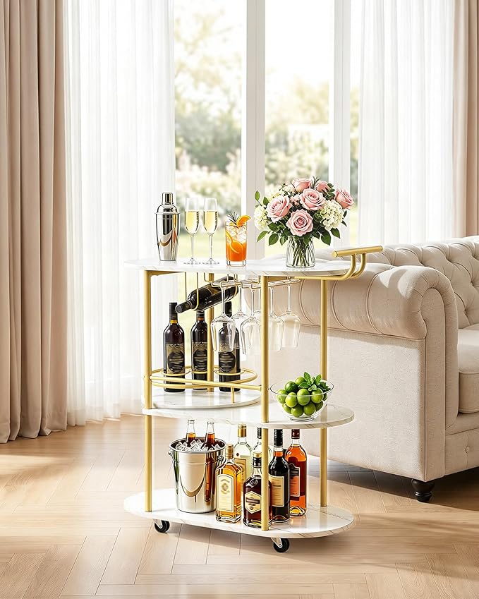 VEVOR Bar Cart, 3 Tiers Home Kitchen Serving Carts, Modern Round Rolling Utility Station on Wheels, Mobile Drink Beverage Trolley w/Wooden Shelf, Wine Rack, Glass Holder, for Living Dining Room, Gold
