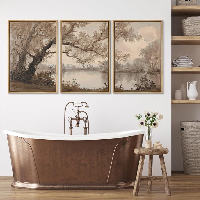 wall26 Framed Print Wall Art Set Sepia Watercolor Lakeside Tree Landscape Decorative Minimal Relax/Zen for Living Room, Bedroom, Office - 24"x36"x3 Natural
