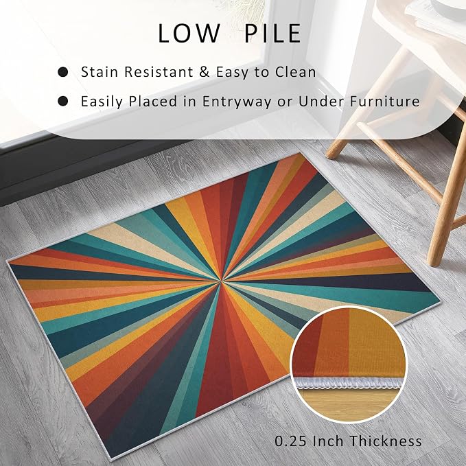 Retro Sunburst Rugs 6x8, 70s Colorful Abstract Washable 6 x 8 Area Rug for Living Room, Bedroom, Low Pile Non Slip Stain Resistant Carpet, Retro 70s Home Decor Accessories & M878