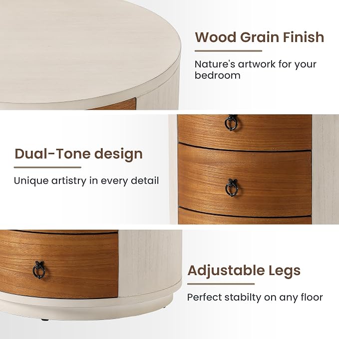 HOMPUS Round 3 Drawer Nightstand Set 2, Farmhouse Chest of Drawers, No Assemble Required, Modern Nightstand Set of 2, Wood Bedside End Tables w Drawers for Bedroom, Brown + White