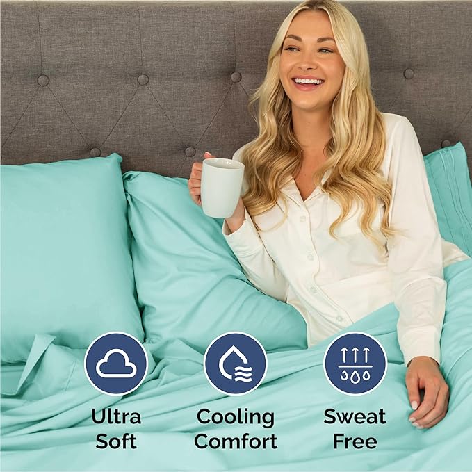 Cal King Size 4 Piece Sheet Set - Comfy Breathable & Cooling Sheets - Hotel Luxury Bed Sheets for Women & Men - Deep Pockets, Easy-Fit, Soft and Wrinkle Free Sheets - Spa Blue Oeko-Tex Bed Sheet Set