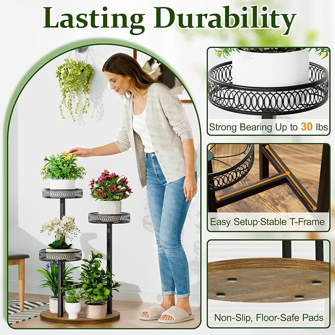 Black Stand Plants, 3-Tier Metal Plant Stands for Outdoor Indoor Plants,Heavy Duty Flower Pot Stands for Multiple Plants,Decoration Display Racks for Patio Garden -BlackFlower