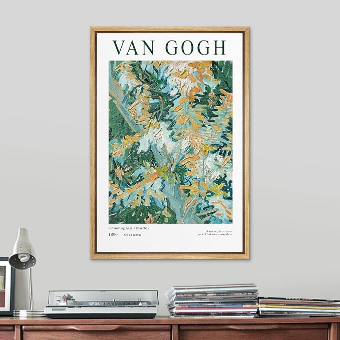SIGNLEADER Framed Canvas Print Wall Art Blossoming Acacia Branches Floral Plants Illustrations Expressionism Chic Relax/Calm Multicolor Ultra for Living Room, Bedroom, Office - 24"x36" NATURAL