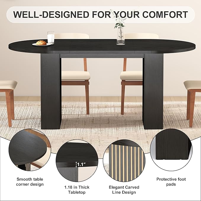 70.8" Oval Dining Table with Dual Side Storage Shelves, Wooden Table for 4–6 People, Modern Farmhouse Round Dinner Table for Kitchen, Reception, or Living Room (Black, Table Only)