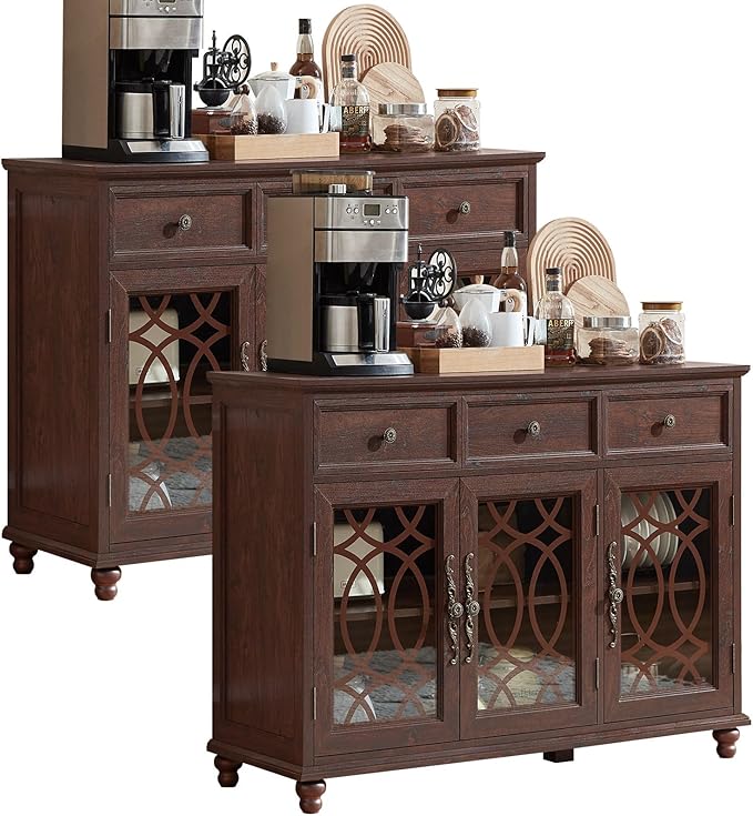 Farmhouse Sideboard Buffet Cabinet Set of 2 with Storage,48" Large Credenza with 3 Glass Doors & 3 Drawers,Adjustable Shelves Console Table,Wood Kitchen Coffee Bar for Dining Room,Walnut