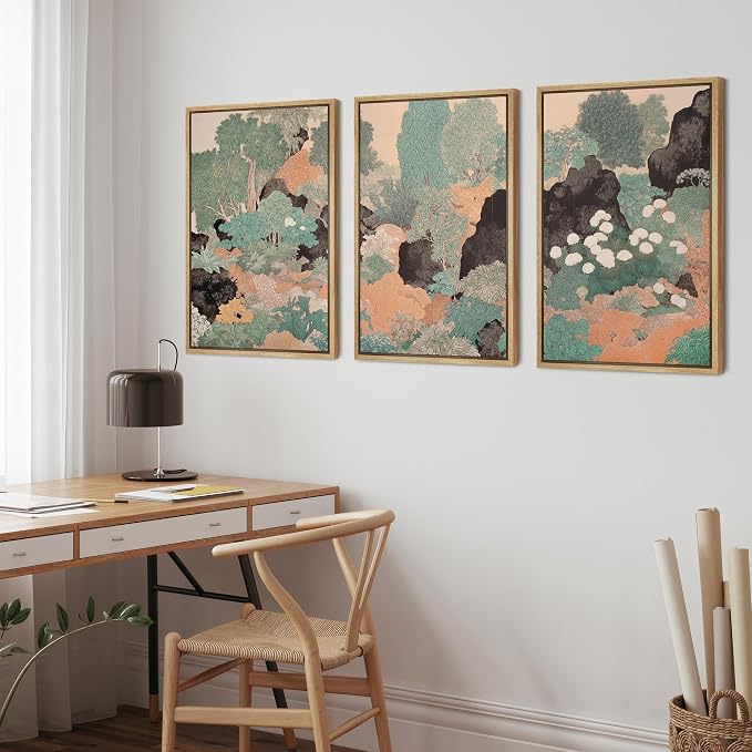 wall26 Framed Print Wall Art Set Vintage Japanese Garden Landscape Decorative Minimal Relax/Zen for Living Room, Bedroom, Office - 16"x24"x3 NATURAL
