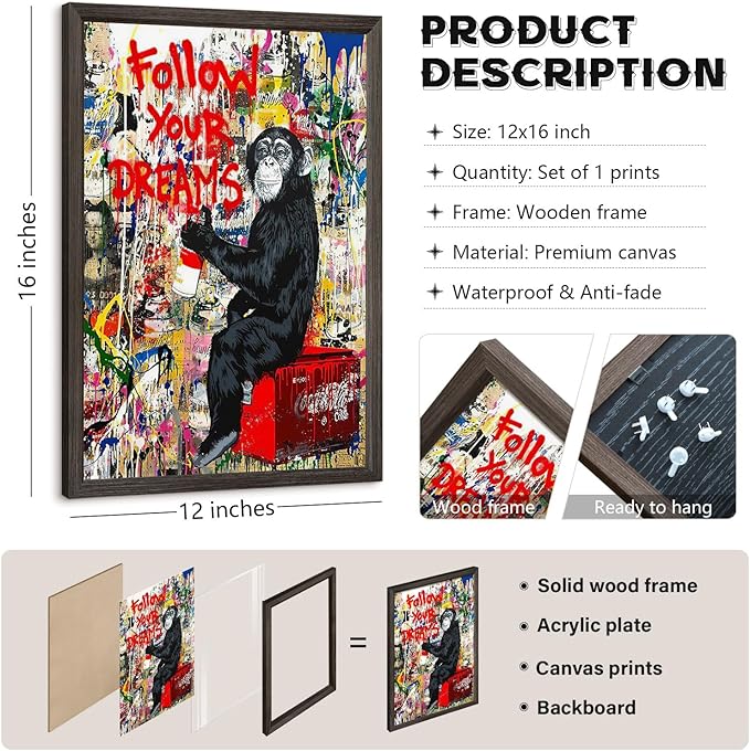 Banksy Canvas Wall Art Monkey Follow Your Dreams Street Graffiti Wall Art Banksy Prints Gorilla Poster Monkey Artwork Graffiti Pictures Painting for Home Living Room Decor 12x16 Inch Wood Framed