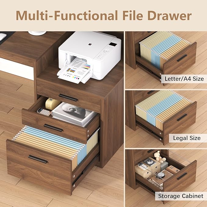 YOMILUVE Computer Desk with 3 Drawers & Storage Shelves, 65 Inch Home Office Desk with File Drawer & Cabinet, Writing Study Desks with Monitor Stand & Printer Shelf, Executive Desk, Brown