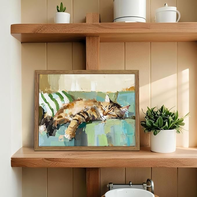 Vintage Abstract Cat Canvas Wall Art, Cute Tabby Cat Sleeping on Sofa Poster, Impressionist Oil Painting Style Picture Prints, Modern Funny Wall Decor for Living Room Bedroom Kids Room 12x16in Frame