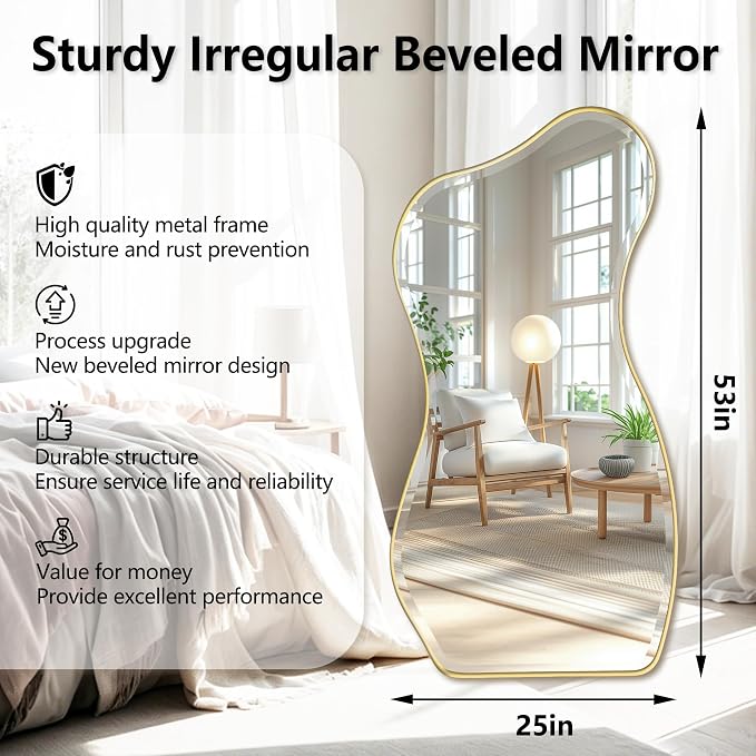 POZINO Irregular Beveled Mirror, 53"x25" Large Asymmetrical Aesthetic Wall Mirror with Gold Metal Frame, Organic Shape Floor Mirrors for Entryway Living Room Bedroom Hallway, Leaning/Wall-Mount