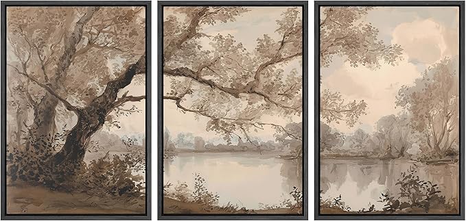 wall26 Framed Print Wall Art Set Sepia Watercolor Lakeside Tree Landscape Decorative Minimal Relax/Zen for Living Room, Bedroom, Office - 16"x24"x3 BLACK