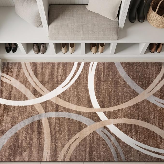 Rugshop Modern Wavy Circles Design Area Rug, Fade-Resistant Carpet for Bedroom, Office, or Small Spaces, Brown, 3'3" x 5'