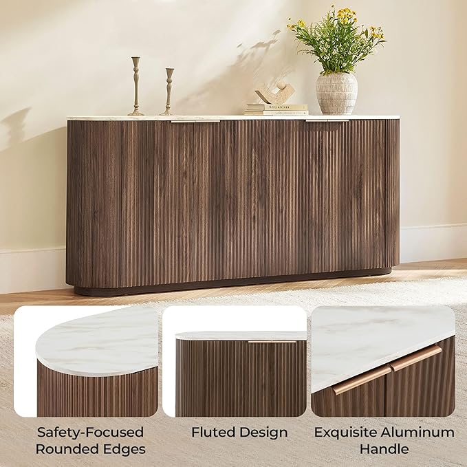 CHITA 70" Sideboard Buffet Cabinet with Storage, Living Room Accent Cabinet with Doors and Adjustable Shelves, for Bar, Kitchen, Walnut - Faux Marble