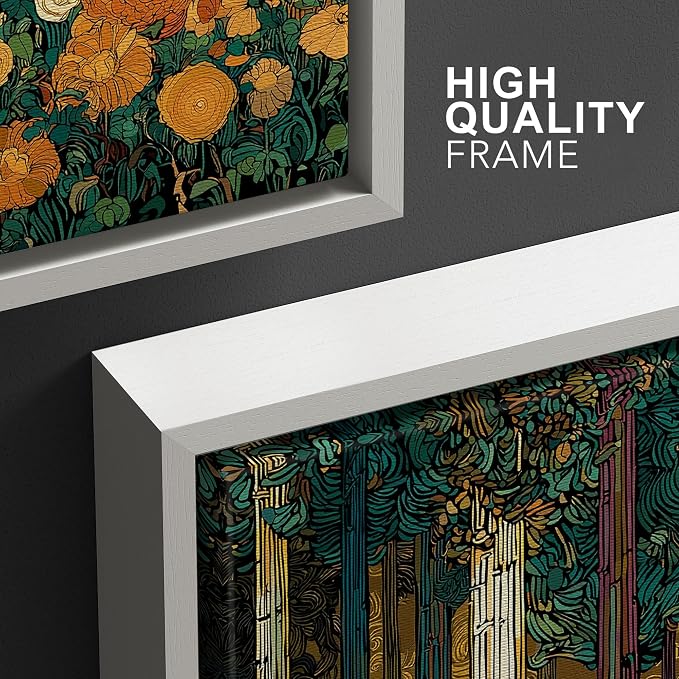 wall26 Framed Print Wall Art Set Klimt Style Sunlit Forest Vibrant Green and Gold Floral WoodlandDecorative Minimal Relax/Zen for Living Room, Bedroom, Office - 24"x36"x3 WHITE