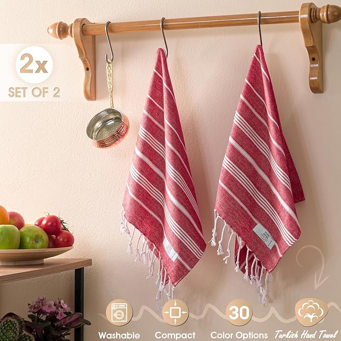 Hand Towels - Set of 2 | 18" x 30" - Decorative Turkish Hand Towel for Bathroom, Kitchen, Guest, Face, Hair, Tea, Dishcloth (Sultan, Red)