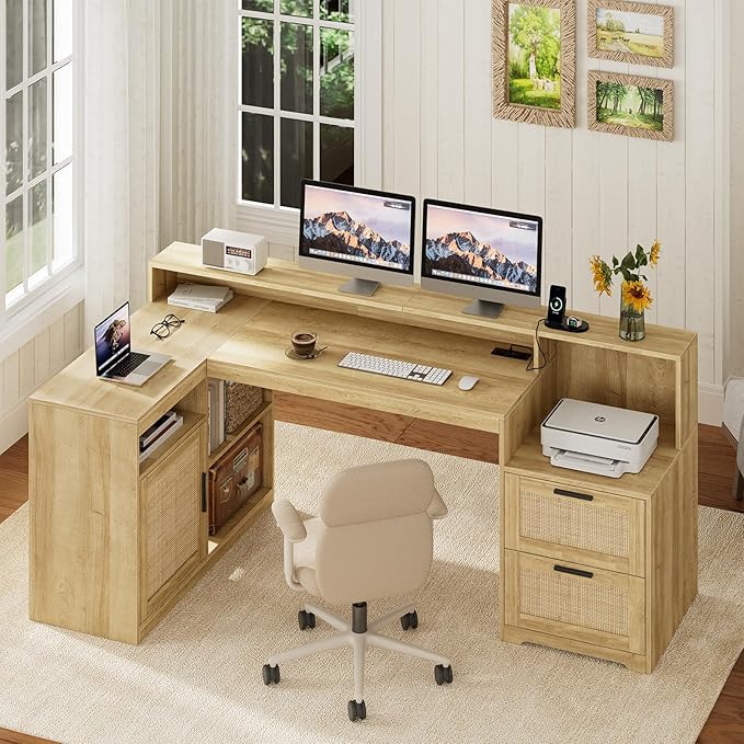 TVU Farmhouse L Shaped Desk with Drawers, 62.2" Home Office Desk with Storage Shelves and Power Outlet, L Shaped Computer Desk with Monitor Stand and Printer Shelf, Oak/Rattan