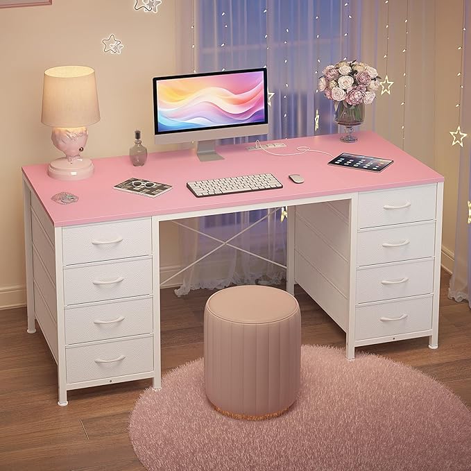 YOMILUVE 50 Inch Computer Desk with 8 Drawers, Home Office Desk with Power Outlets, Work Study Gaming Desk with 8 Fabric Drawers, Pink