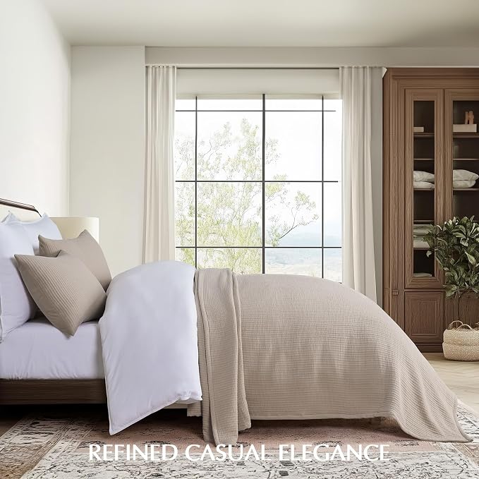 EVERGRACEHOME Cotton Gauze Full Queen Bedspread, Ultra Soft Prewashed Pick Stitch Matelassé Coverlet, Lightweight Textured Oversized Queen Quilt Bedding Set for All Season, with 2 Shams, Khaki Tan