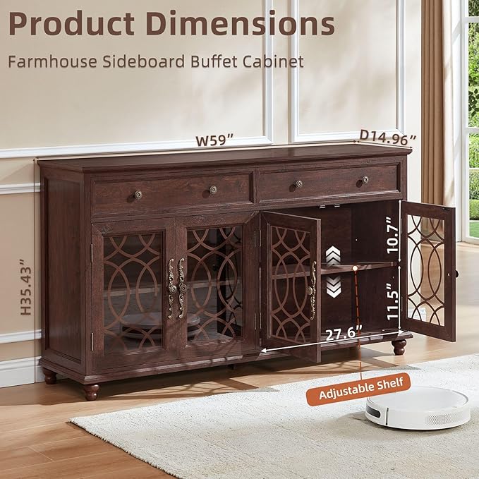 Farmhouse Sideboard Buffet Cabinet with Storage,59" Large Credenza with 4 Glass Doors & 2 Drawers,Adjustable Shelves Console Table,Wood Kitchen Coffee Bar for Dining Room,Living Room,Walnut