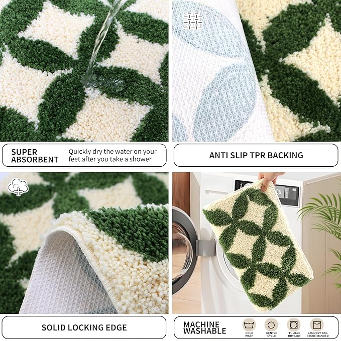 Civkor Green and Cream Bathroom Rug Washable, 24x16Inch Retro Bath Mat for Bathroom with TPR Non Slip Backing, Quick Dry Fluffy Microfiber Piles, Super Water Absorbent Thin Bath Rug Fit Under Door