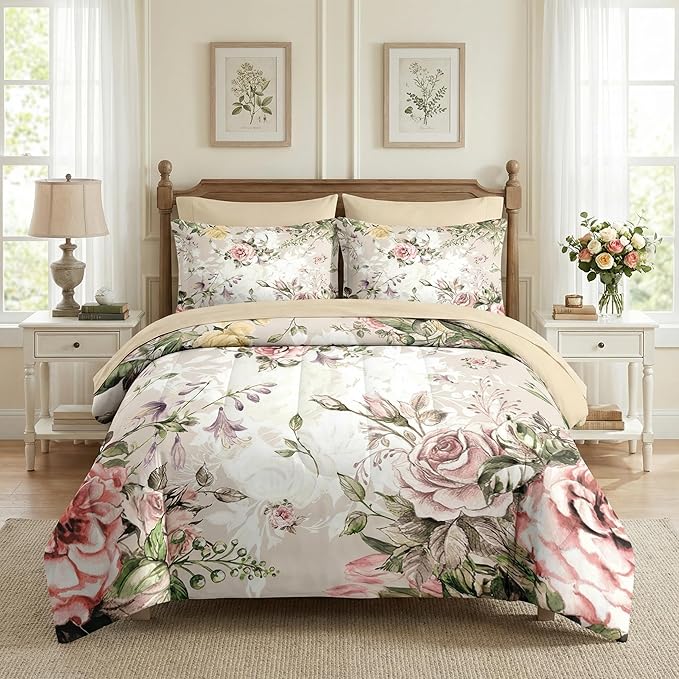 Nesker 5 Pcs Comforter Set Twin Size, Vintage Flower Summer Bedding Set for Kids and Adults, Rose Floral Shabby Chic Bed Sheet Sets with Fitted Sheet Pillowcases & Shams