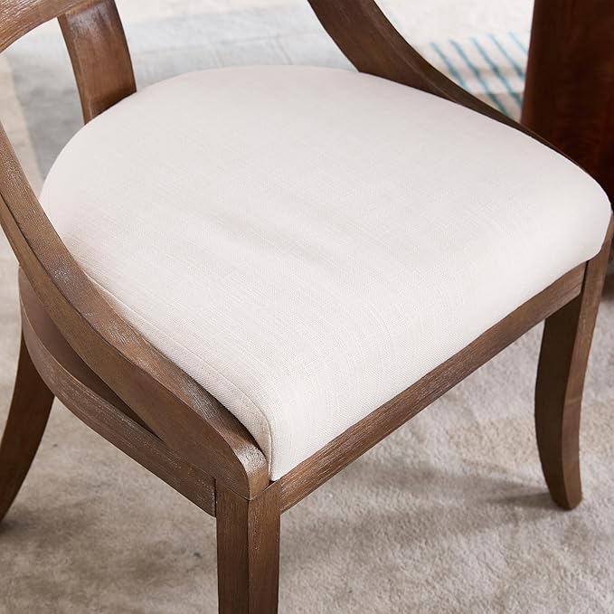 Modern Farmhouse Dining Chairs Set of 2 Mid Century Upholstered Dining Chair with Wooden Curved Back Kitchen Chairs for Dining Room Restaurant Cafe, Brown Walnut Colored-Linen Beige