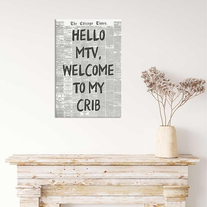 Drimiler Hello Mtv Welcome To My Crib Poster Vintage Black And White Newspaper Canvas Wall Art Positive Affirming 70'S Room Aesthetic Prints Painting For Home Bedroom Dorm Wall Decor 24x36in Wframed