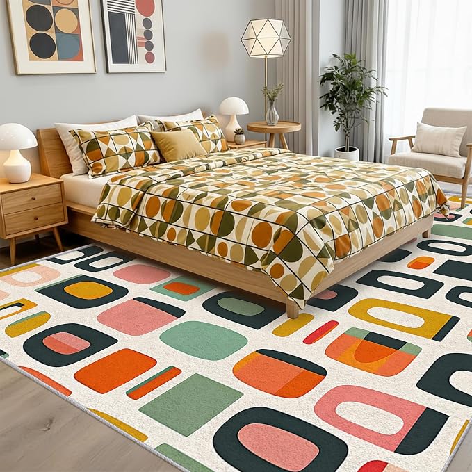 Mid Century Modern Rug Large 7x10 Retro 70s Boho Plaid Pattern Area Rugs for Living Room, Bedroom, Mid Century Modern Home Decor Accessories Indoor Carpet, Non Slip & Machine Washable