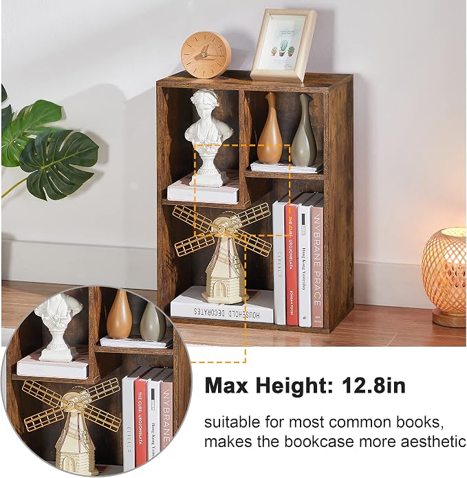 VECELO 3-Cube Small Bookshelf, Modern Bookcases with Shelves Height Up to 12.8 Inches, Suit for Common Size Textbook, Vertical or Horizontal, Cubby Storage Organizer,Rustic Brown