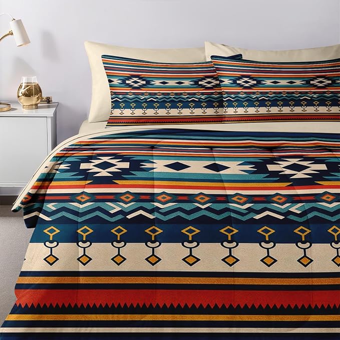 Nesker Comforter Set King Size, Southwest Aztec Geometric 7 Pcs Bedding for Kids and Adults, Bohemian Vintage Bed Sheet Sets with Fitted Sheet 2 Pillowcases & 2 Shams