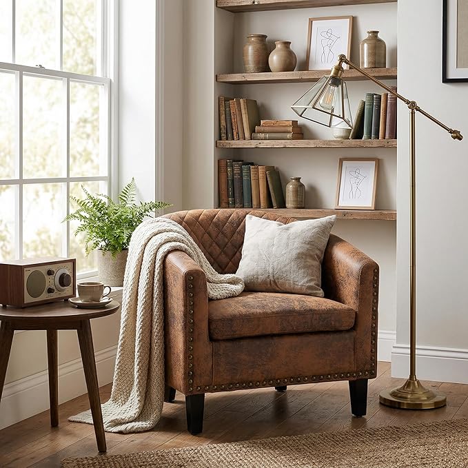 QQU Barrel Accent Chair, Retro PU Leather Club Chair with Nail-Heads, Upholstered Armchair for Living Room, Bedroom, Waiting, Office (Coffee)