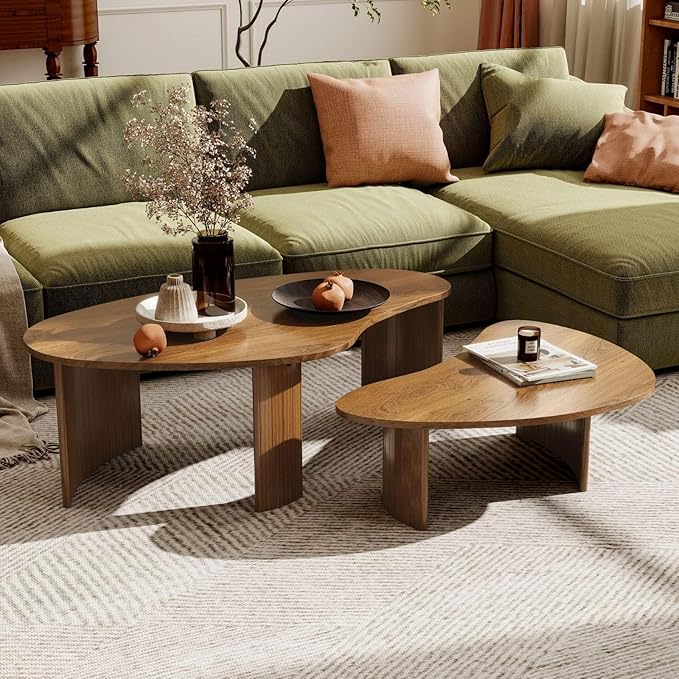 Walnut Nesting Coffee Tables Set of 2, Mid Century Modern Center Table with Fluted Wooden Legs and Oval Mango Shape for Living Room, Small Apartment